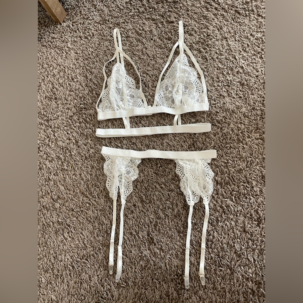White lingerie bralette, garter belt small